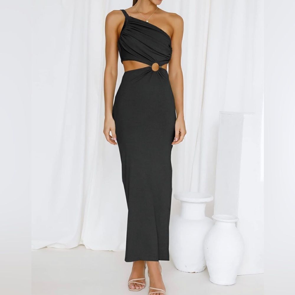 NWT Anrabess Black Ribbed One Shoulder Maxi